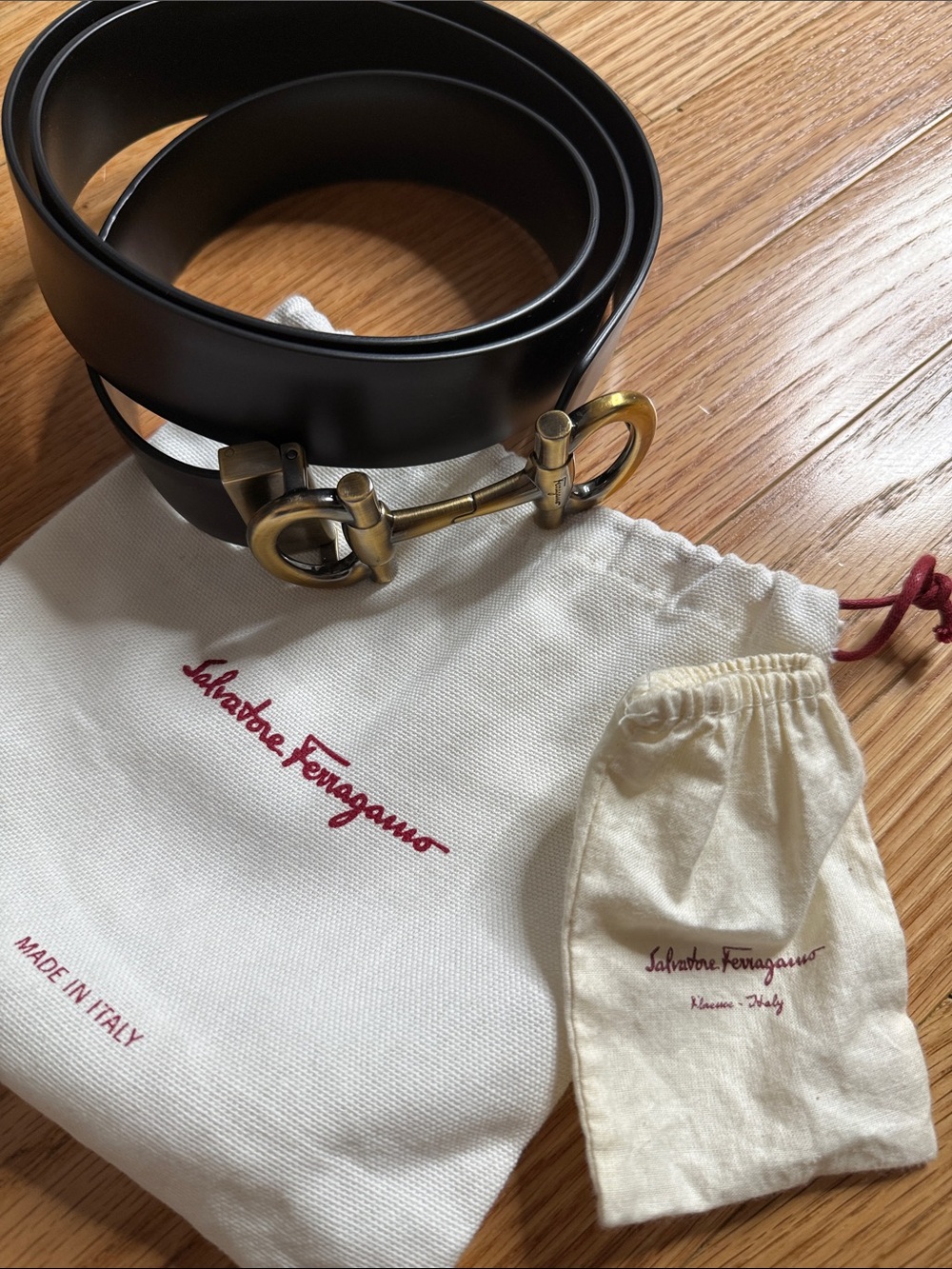 Salvatore Ferragamo Black Leather Belt with Antique Gold Gancini Buckle